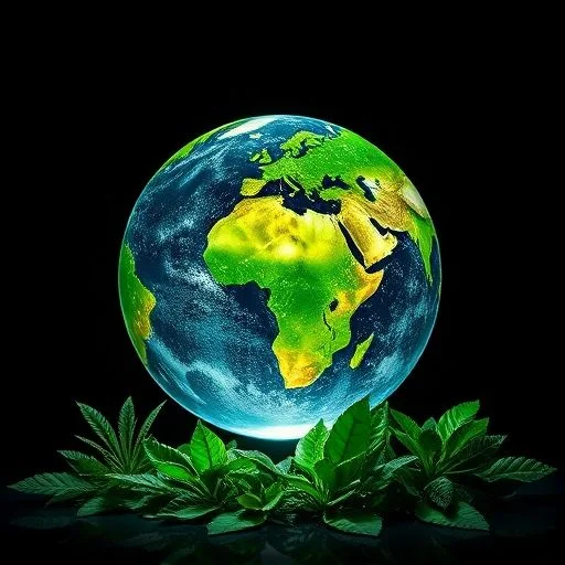 An intricate, abstract network of glowing data streams interwoven with genetically enhanced plant roots and mycelial networks.